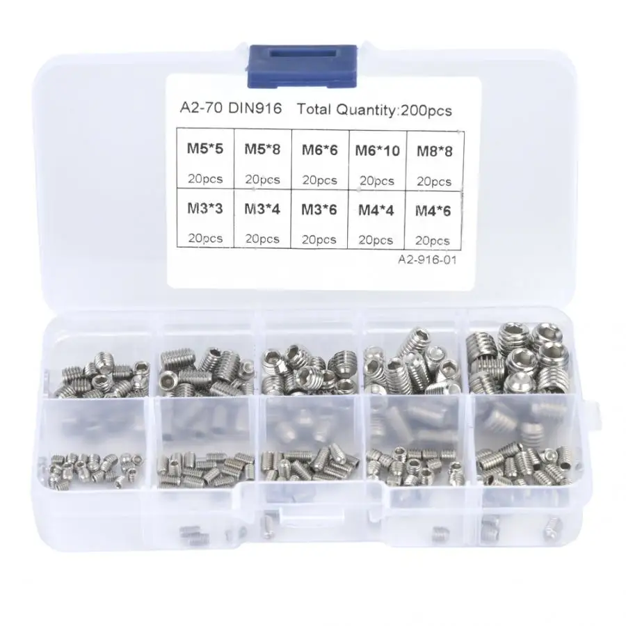 200Pcs/set M3/4/5/6/8 Stainless Steel Hex Cup Point Socket Grub Screws Assortment Kit
200Pcs/set M3/4/5/6/8 Stainless Steel Hex Cup Point Socket Grub Screws Assortment Kit