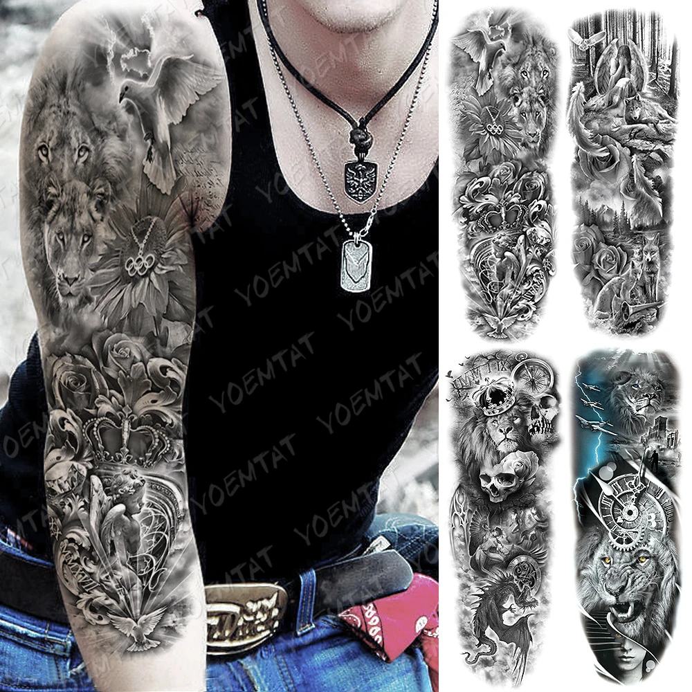 Большой татуировки рукава Лесной ангел волком и львом Водонепроницаемый