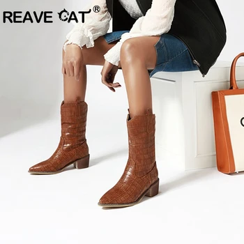 REAVE CAT Fashion Casual Mid-calf Boots for Women Pointed Toe Block Heels Slip-on Plaid Waterproof Big Size 40-46 Black Brown
REAVE CAT Fashion Casual Mid-calf Boots for Women Pointed Toe Block Heels Slip-on Plaid Waterproof Big Size 40-46 Black Brown
