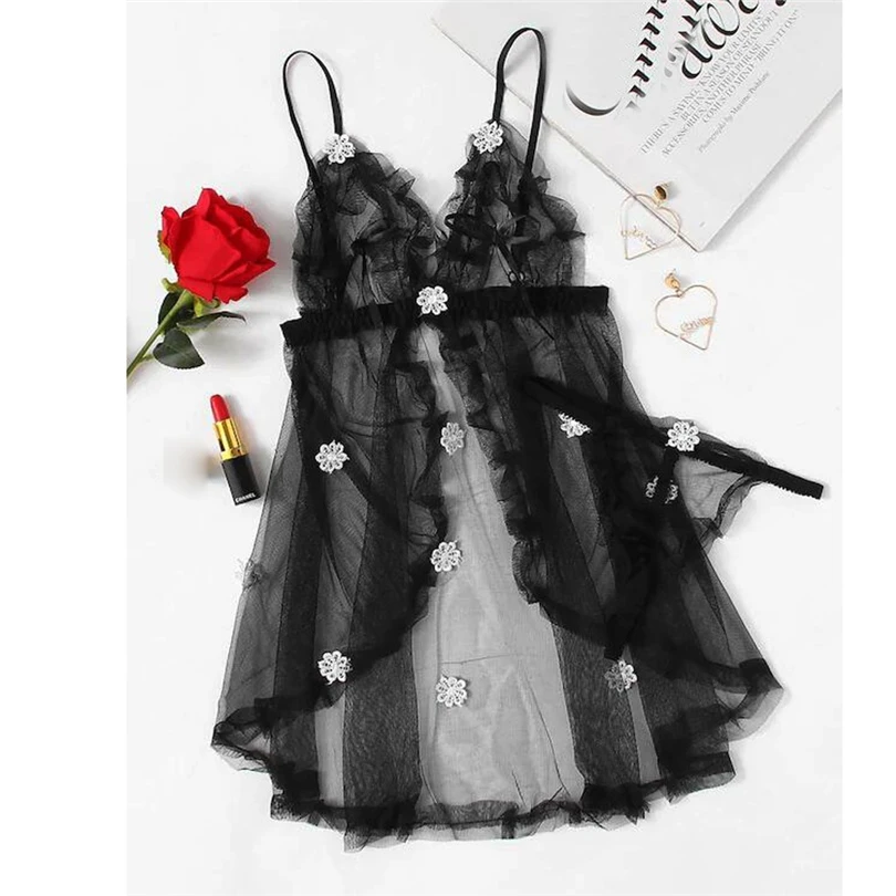 

New Women Sexy Lingerie Black Flower NightDress Detail Mesh Slip Set Babydoll Nightgown Erotic Costumes Hot Sex Sleepwear A20