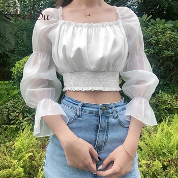 

Artsu Elegant White Mesh T-shirt Women Puff Sleeve Frill Cropped Top Fashion Clothes Tunic Pleated Tops Tee Shirt TS41413