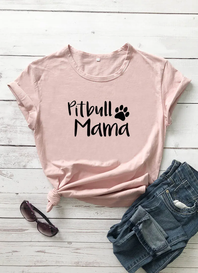 

Pitbull Mama with Paw Printed New Arrival Women's Summer Funny Casual 100%Cotton T-Shirt Dog Mom Shirt Dog Lover Gift