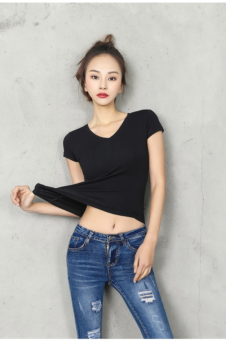 Cotton Women T-shirt V-neck Short Sleeve women shirt All match Lady Top Black White Gray Yellow Shir