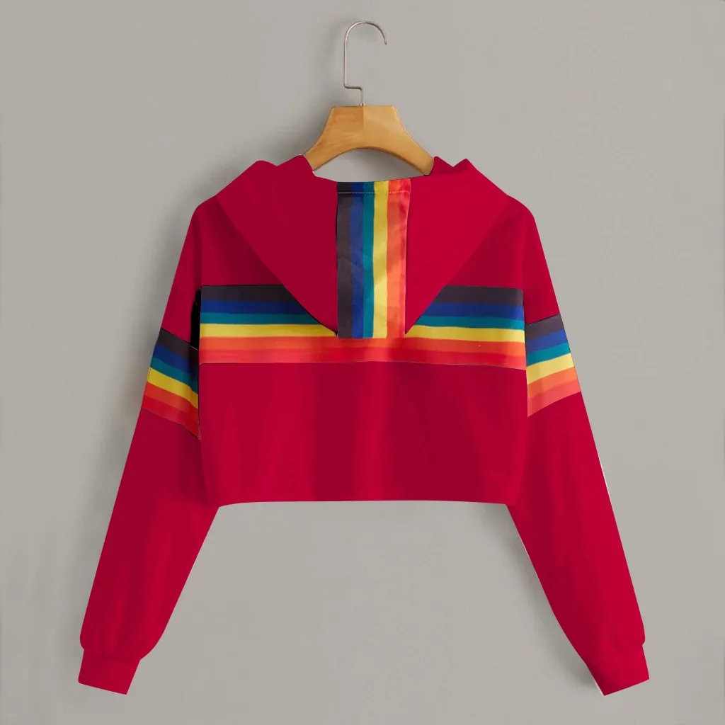 Jaycosin 2019 Fashion Autumn Women Rainbow Stripe Sweatshirt Stylish Long Sleeve Comfortable Female Casual Crop Blouse 930#10