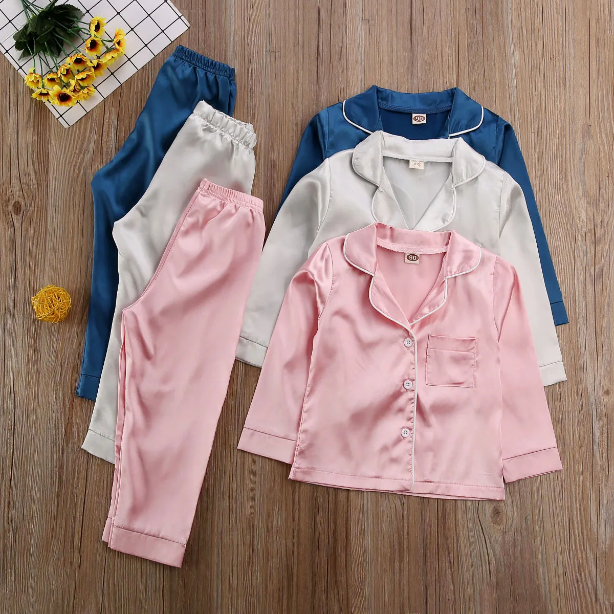 2-7Y Childrens Kids 2020 Spring Summer Solid Silk Satin Tops Pant Nightwear Girl Boy Pajamas Set Button Sleepwear PJs | Мать и ребенок