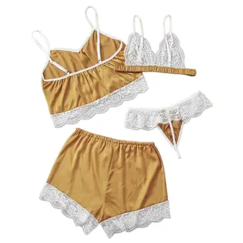Women Sexy Temptation Lace Pajamas Set V-collar Pijamas Set Summer Women's Sleepwear Sexy Cute Four Piece Set
Women Sexy Temptation Lace Pajamas Set V-collar Pijamas Set Summer Women's Sleepwear Sexy Cute Four Piece Set