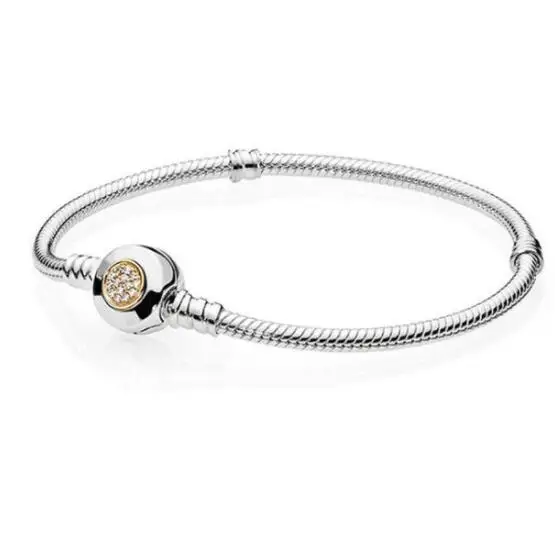 

Original 925 Sterling Silver Momemts Two-tone Signature Snake Chain pan Bracelet Bangle Fit Women Bead Charm Jewelry