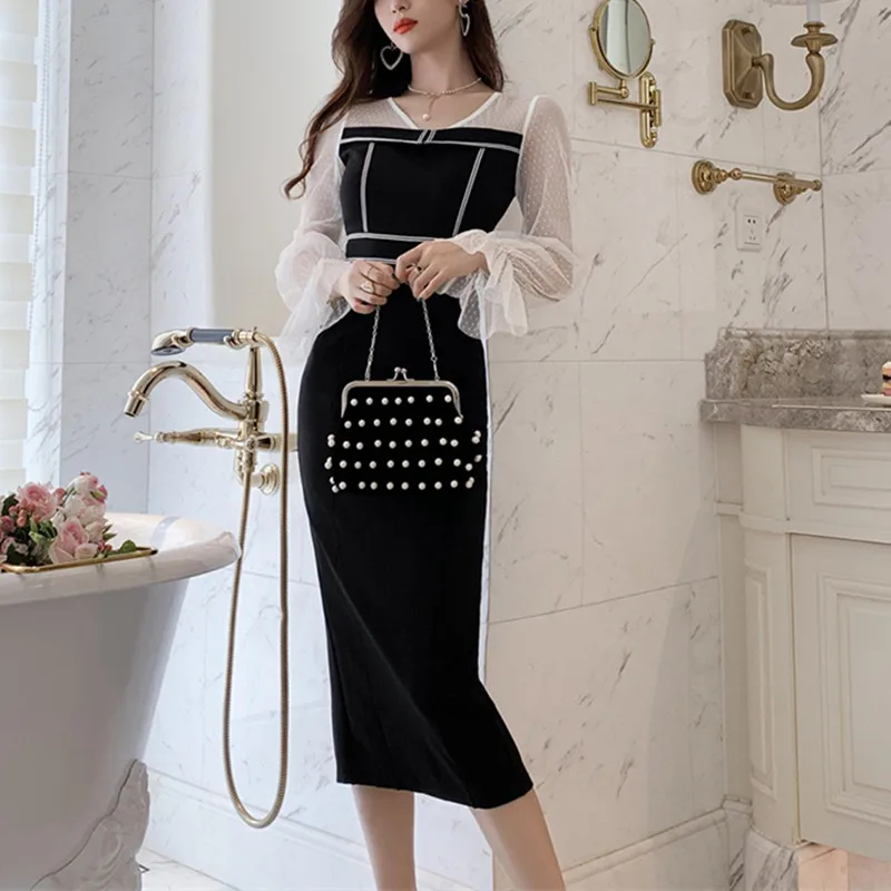 2019 Autumn Winter New Elegant Party Dress Patchwork Mesh Long Sleeve V-neck Slim Pencil Dress Bodycon Formal Dress Spring
2019 Autumn Winter New Elegant Party Dress Patchwork Mesh Long Sleeve V-neck Slim Pencil Dress Bodycon Formal Dress Spring
