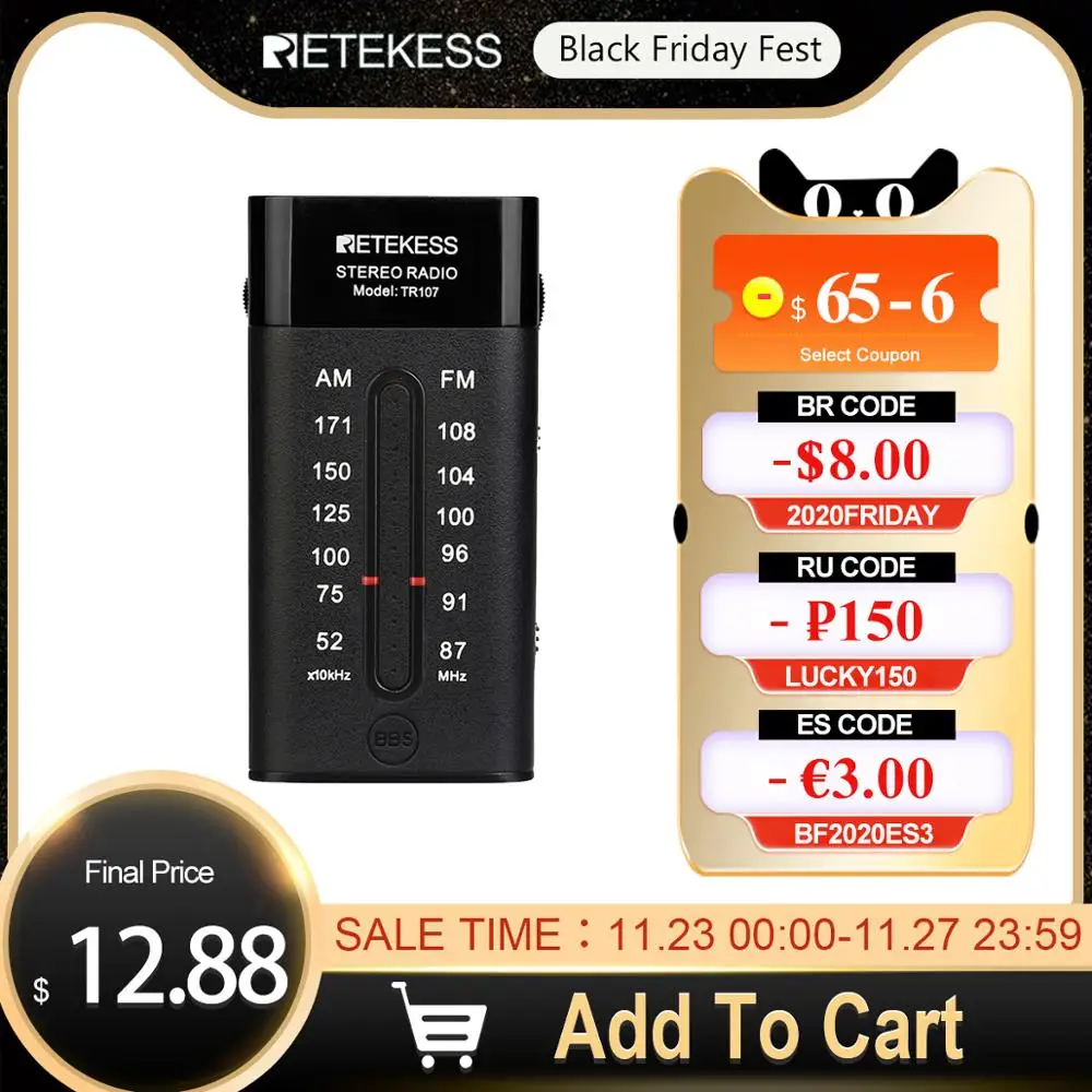 RETEKESS TR107 Portable Mini Pocket Radio FM AM Pointer Tuning Stereo Support BBS Mega Bass With Earphone For Walk Jogging Gym
RETEKESS TR107 Portable Mini Pocket Radio FM AM Pointer Tuning Stereo Support BBS Mega Bass With Earphone For Walk Jogging Gym