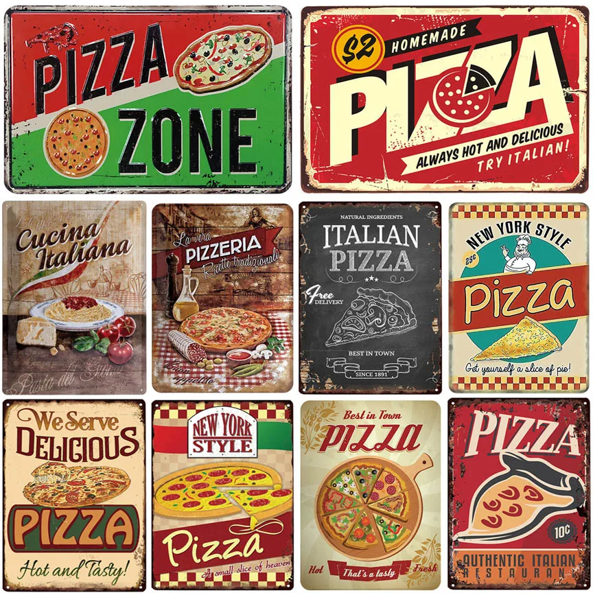 Жестяная ретро-табличка с изображением пиццы винтажная металлическая картина