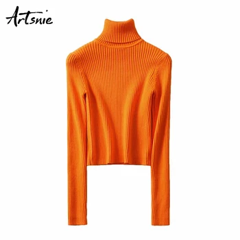 

Artsnie turtleneck long sleeve crop sweater women autumn 2019 knitted jumpers pullover casual slim cropped sweaters pull femme