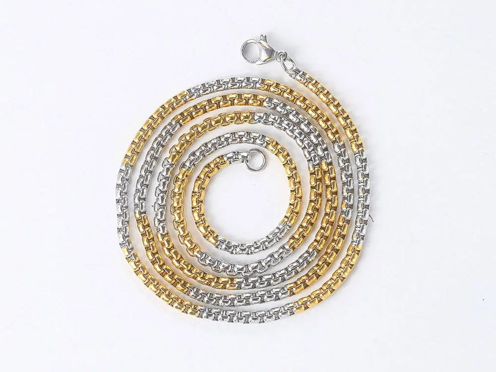 Hip Hop Necklaces For Men Women Gold Color Stainless Steel Necklace 3MM Square Pearl Chain Rapper Chain Personality Jewelry C021