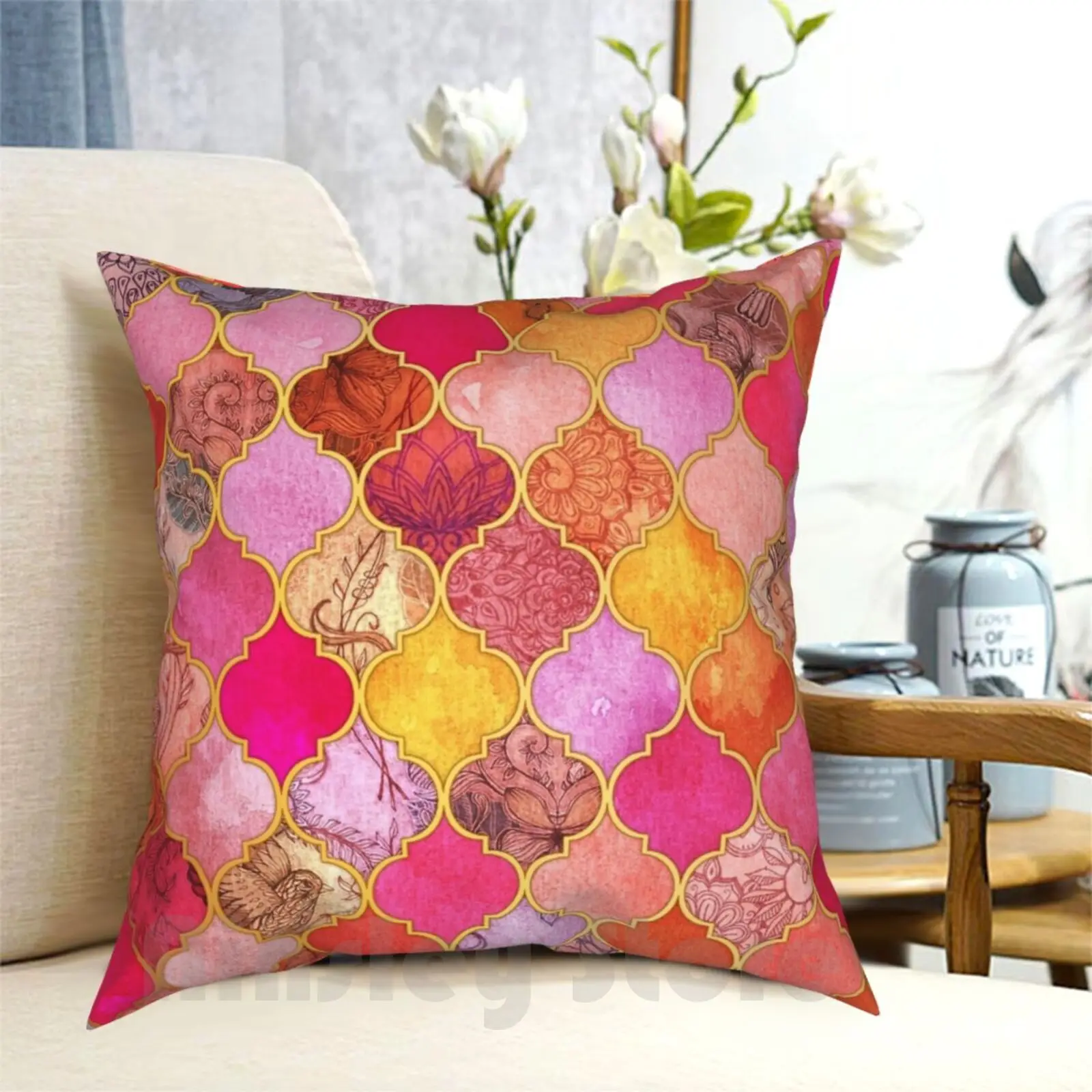 

Hot Pink , Gold , Tangerine & Taupe Decorative Moroccan Tile Pattern Pillow Case Printed Home Soft Throw Pillow Moroccan