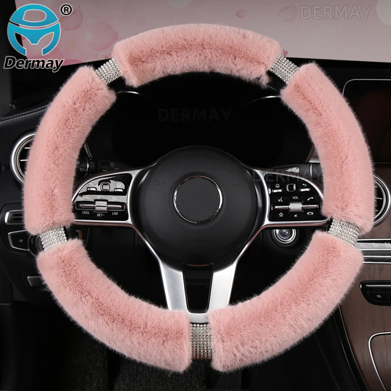 

Dermay Winter Plush Steering Wheel Cover Fluffy with Bling Rhinestones Diamond Fur Furry Universal 37-38cm for Women Girl