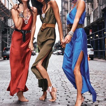 Hot Sexy Satin V Neck Maxi Dress Sexy Women Strap Sleeveless Backless Side Split Long Dresses 2020 Spring Lady Black Party Dress
Hot Sexy Satin V Neck Maxi Dress Sexy Women Strap Sleeveless Backless Side Split Long Dresses 2020 Spring Lady Black Party Dress