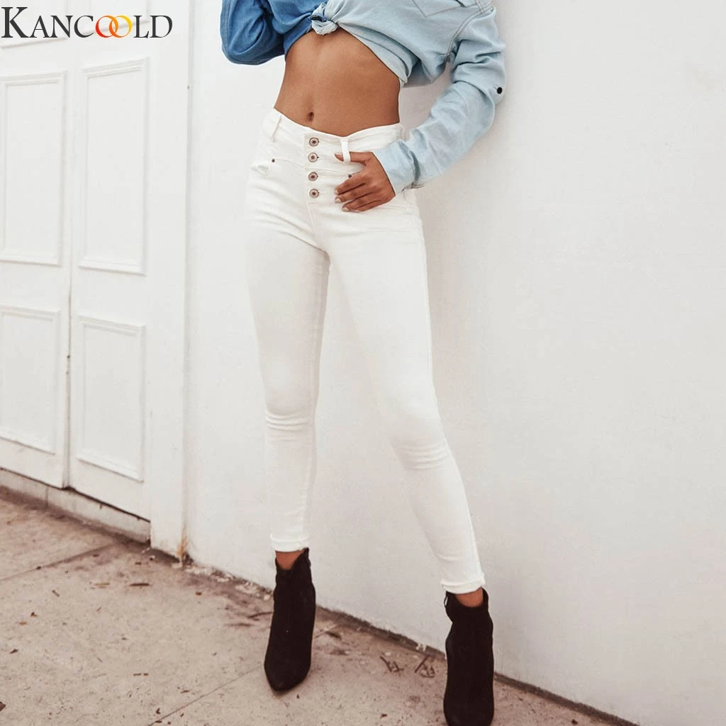 Фото KANCOOLD Women White High-Waist Pocket Button Pencil-Trouser Casual Denim Pants Skinny Trousers Ladies Loose New Arrival |