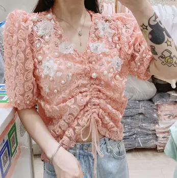 Lace Blouse for Women 2020 Summer New Beaded Three-Dimensional Flowers V-neck Drawstring Shirt Fairy Girls Ladies Tops Blusas
Lace Blouse for Women 2020 Summer New Beaded Three-Dimensional Flowers V-neck Drawstring Shirt Fairy Girls Ladies Tops Blusas