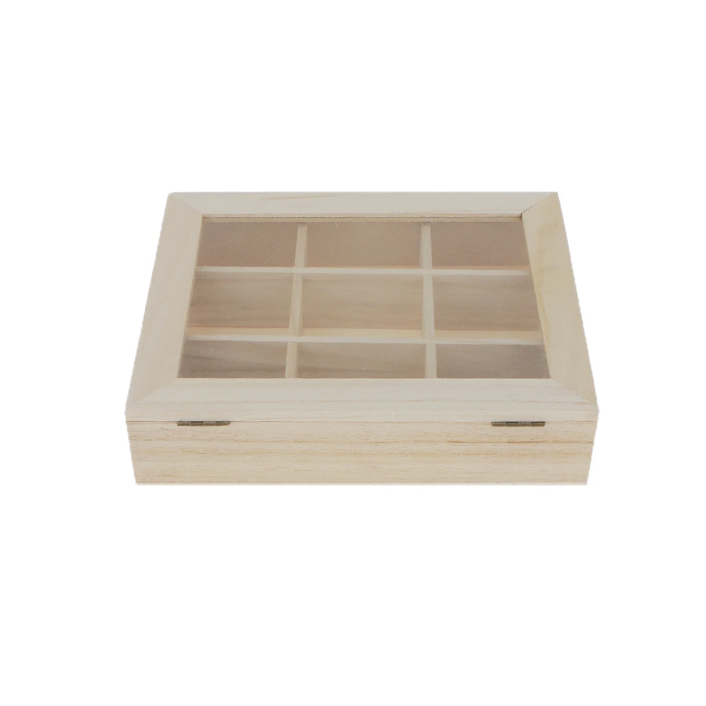 UNPAINTED PLAIN WOODEN GLASS LID 9 GRIDS CHEST JEWELRY STORAGE BOX ART CRAFT UNPAINTED PLAIN WOODEN GLASS LID 9 GRIDS CHEST JEWELRY STORAGE BOX ART CRAFT