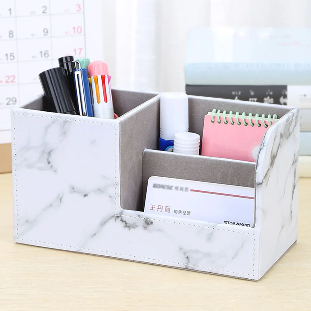 

New Marble Small Pen Holder Pencil Box PU Leather Desk Organizer Mobile Phone Stand Name Card Holder Office Storage Box