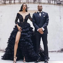 Deep V Neck Off-The-Shoulder High Slit Lace Black Evening Dresses Floor-Length Pleat Fluffy Tulle Night Gowns 2022 Robes De
Deep V Neck Off-The-Shoulder High Slit Lace Black Evening Dresses Floor-Length Pleat Fluffy Tulle Night Gowns 2022 Robes De