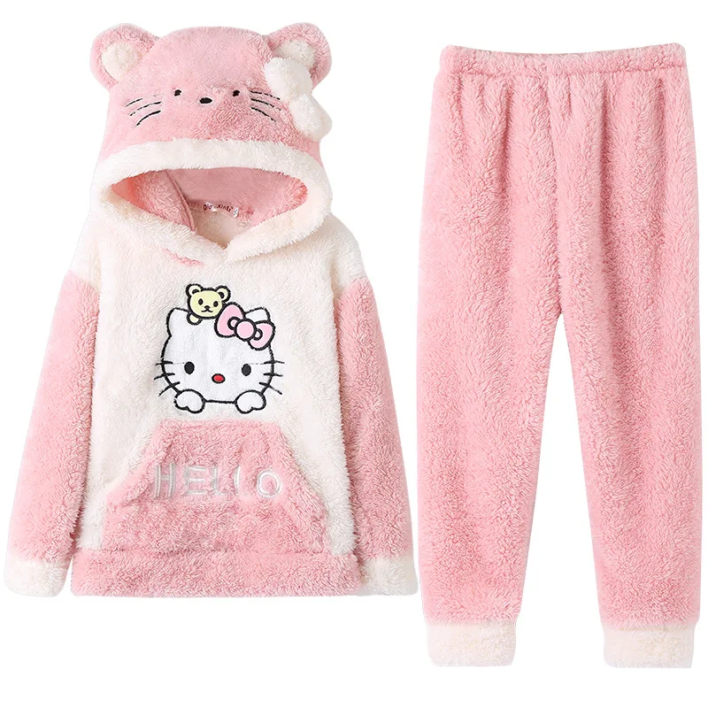 

Hello Kitty children girls pajamas autumn and winter keep warm Cartoon Plush thickened flannel Plush home clothes hooded set