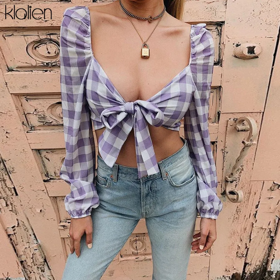 KLILAEN French romance sexy v-neck crop tops womens shirt 2019 Elegant Slim Soft long Sleeve Low-cut Plaid printing tee shirt
KLILAEN French romance sexy v-neck crop tops womens shirt 2019 Elegant Slim Soft long Sleeve Low-cut Plaid printing tee shirt