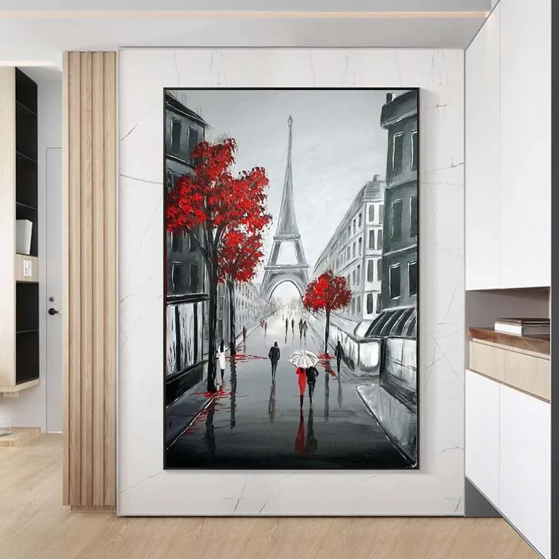 

Paris Street View in Black and Red Oil Painting City Landscape Poster Print Wall Art Canvas Picture for Living Room Home Decor