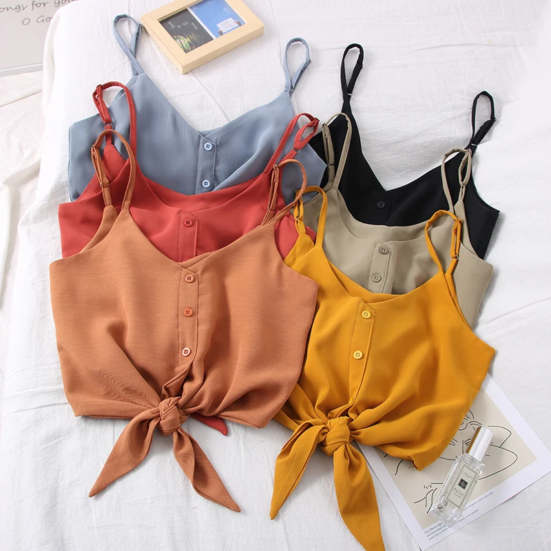 

OUMEA Women Tie bow Cami Top Ladies Summer V Neck Button Front Tie Hem Camis Crop Top Adjustable Straps Cropped Camisole Top