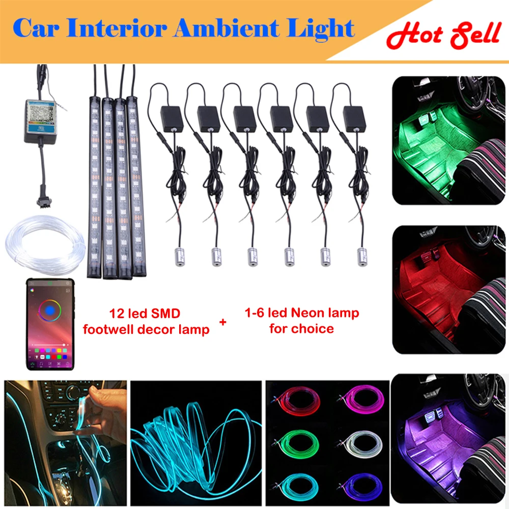 RGB Car Interior Ambient Light Neon Optical Fiber Strip with 12 led Floor lamp APP Bluetooth Control Atmosphere Lamp Thread-free
RGB Car Interior Ambient Light Neon Optical Fiber Strip with 12 led Floor lamp APP Bluetooth Control Atmosphere Lamp Thread-free
