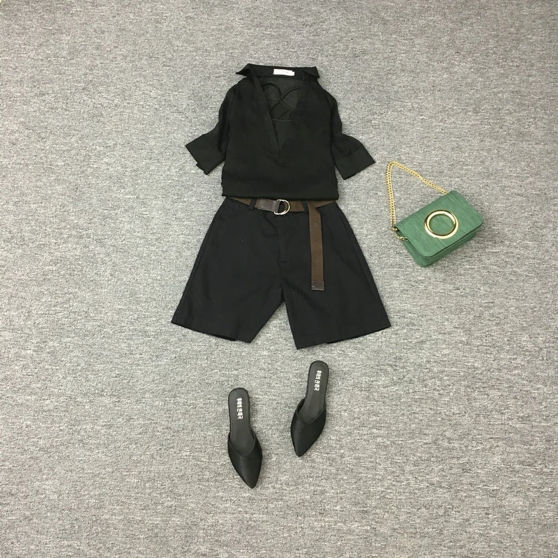 New 2020 Summer Women Sets  2 Pieces Sets V neck Short Sleeve Chiffon Shirt + Sashes Shorts Cute Mini Pant Set Vintage Suit