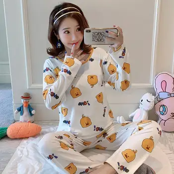 Women Spring Autumn Fashion Thin Round Neck Pajamas Two-piece Suit Outfit 
Women Spring Autumn Fashion Thin Round Neck Pajamas Two-piece Suit Outfit