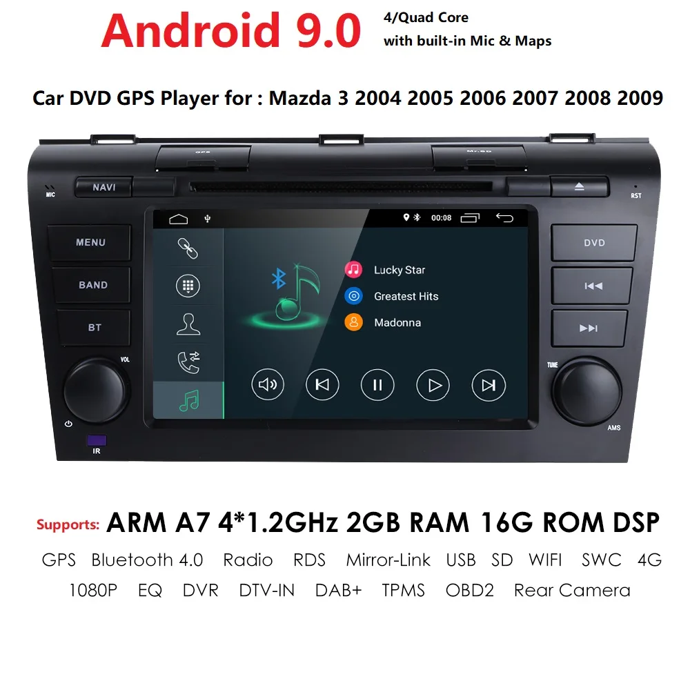 2DIN 1024*600 четырехъядерный Android9.0 подходит MAZDA3 2004-2009 автомобильный монитор dvd-плеер
