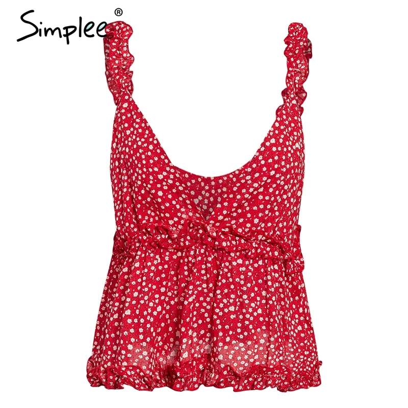 

Simplee Floral print cotton camis Summer v neck sleeveless flower crop tank top Casual ruffled beach ladies tops camisole 2019