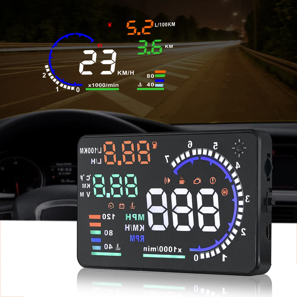 A8 5.5 " Car HUD Multifunction Speedometer Fuel Meter Water Temperature Windshield Projector Overspeed Alarm Head-Up LED Display
A8 5.5 " Car HUD Multifunction Speedometer Fuel Meter Water Temperature Windshield Projector Overspeed Alarm Head-Up LED Display