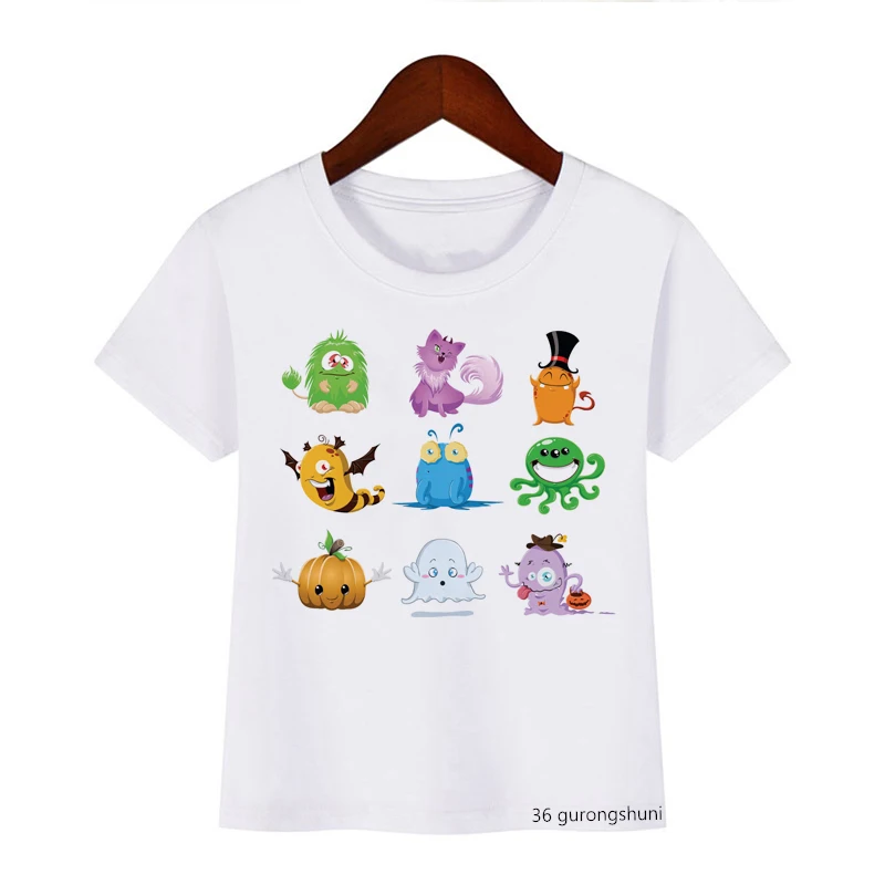 

2021 Halloween T Shirt Kawaii Little Monster Cartoon Print White T-shirt Cute Tops Tee Baby Girls Boys Present Clothes Drop Ship