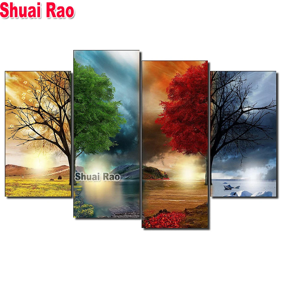 

Multi-Panel Full Square/Round Diamond painting Four Seasons Tree picture of rhinestone,mosaic full embroidery,4 Piece Home Decor