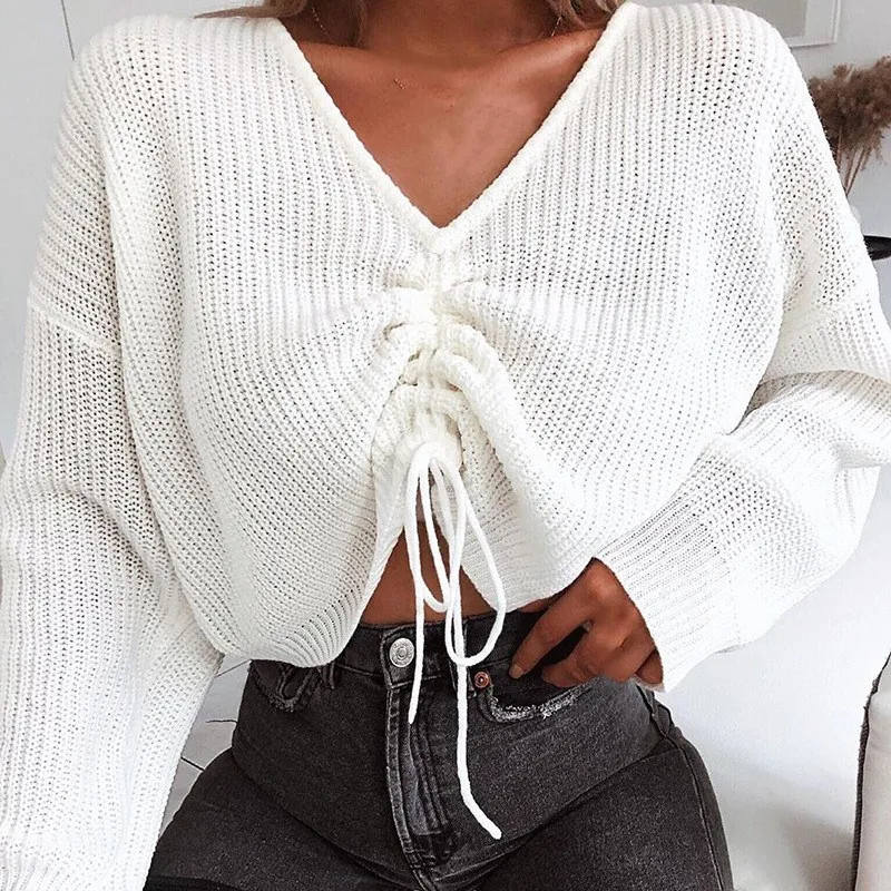2019 Autumn Drawstring Knit Jumper Women Green White Batwing Sleeve Knitted Sweater Ladies Loose V Neck Sweater
2019 Autumn Drawstring Knit Jumper Women Green White Batwing Sleeve Knitted Sweater Ladies Loose V Neck Sweater