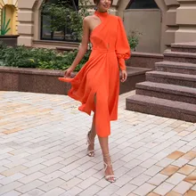 Casual Dress Long Sleeve Inclined Shoulder Robe Solid Simple Temperament Elegant Dresses For Women Autumn Winter Female Vestido 
Casual Dress Long Sleeve Inclined Shoulder Robe Solid Simple Temperament Elegant Dresses For Women Autumn Winter Female Vestido