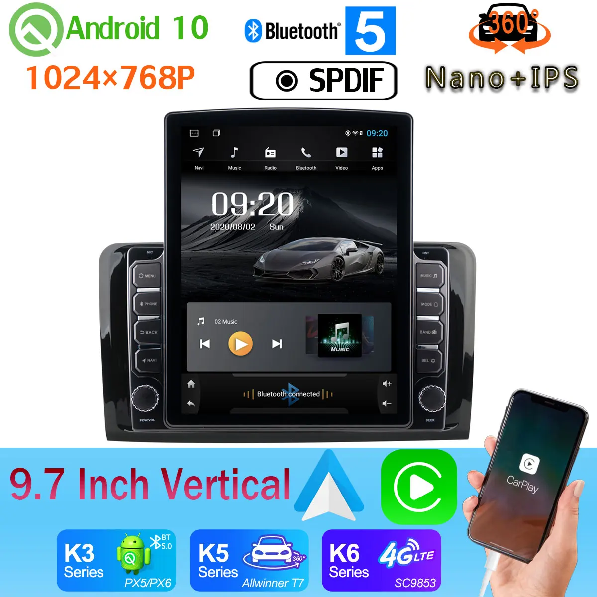 Фото 9 7 &quotвертикальный автомобильный медиа-плеер GPS CarPlay Android 10 360 камера радио для Mercedes