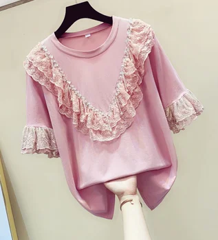 Lace Ruffles T Shirt Women Summer Fall New Fashion Heavy Beaded Sequins Lotus Leaf Lace Splice Loose Short-sleeve T-shirt
Lace Ruffles T Shirt Women Summer Fall New Fashion Heavy Beaded Sequins Lotus Leaf Lace Splice Loose Short-sleeve T-shirt