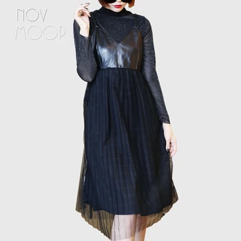 Novmoop high street autumn winter women black mesh gauze spliced sheepskin genuine leather dress vestidos robe femme LT2889
Novmoop high street autumn winter women black mesh gauze spliced sheepskin genuine leather dress vestidos robe femme LT2889