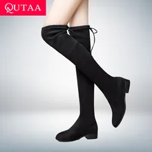 QUTAA 2020 女性の靴平方ローヒール膝のブーツの上スクラブ黒ポインテッドトゥ女性のオートバイのブーツサイズ 34-43(China)