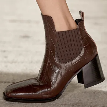 Women's Stretch knit Stone pattern genuine leather patchwork slip-on thick high heel autumn ankle boots square toe OL style shoe 
Women's Stretch knit Stone pattern genuine leather patchwork slip-on thick high heel autumn ankle boots square toe OL style shoe