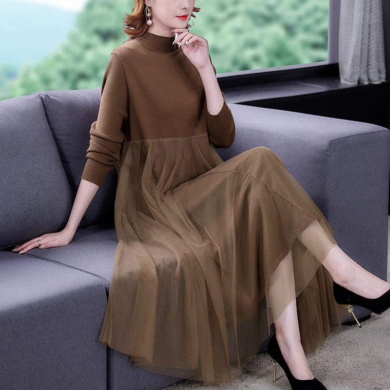 Spring Fall New Women Dress Vintage Mesh Patchwork Bottoming Sweater Dress Casual 0-Neck Knitted Dress Elegant A-line Vestidos
Spring Fall New Women Dress Vintage Mesh Patchwork Bottoming Sweater Dress Casual 0-Neck Knitted Dress Elegant A-line Vestidos