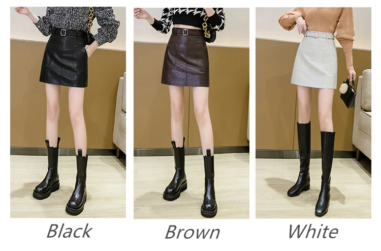 2020 New Casual Streetwear PU Leather Skirt Women Autumn Winter High Waist Mini Skirt Pocket With Belt A-line Skirt White Brown 2020 New Casual Streetwear PU Leather Skirt Women Autumn Winter High Waist Mini Skirt Pocket With Belt A-line Skirt White Brown