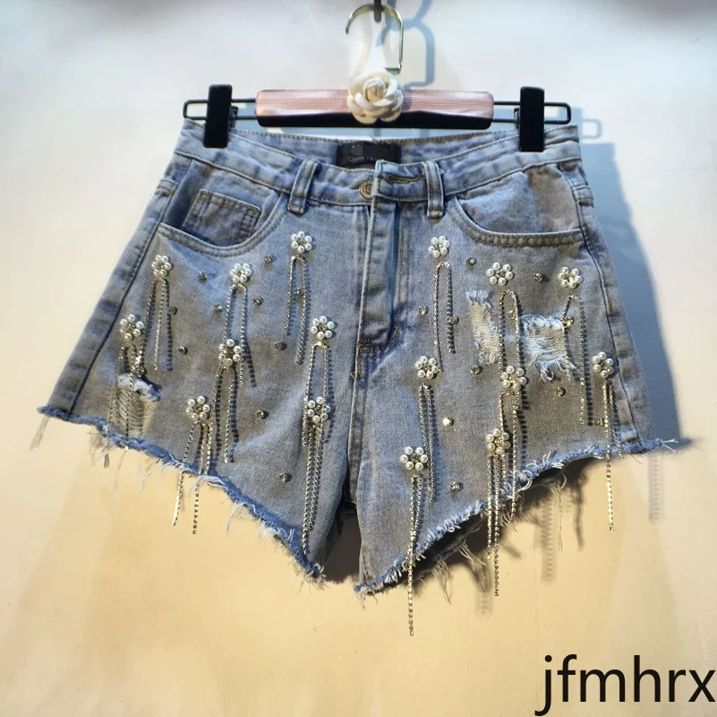 

2020 Spring Summer New Beads Tassels Diamond Jeans Pants High-waisted Holes Denim Shorts Women's Hot Pants Student Jeans Shorts