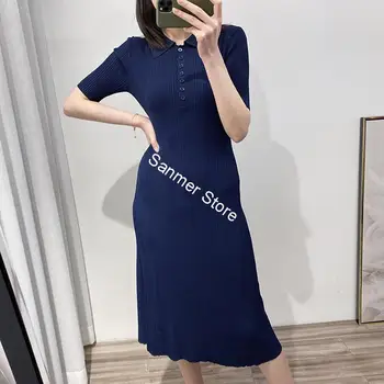 Women Knit Solid Color Mid-Calf Dress Simple Waist Short Sleeve Turn-down Collar Buttons Elegant Spring Dress New
Women Knit Solid Color Mid-Calf Dress Simple Waist Short Sleeve Turn-down Collar Buttons Elegant Spring Dress New
