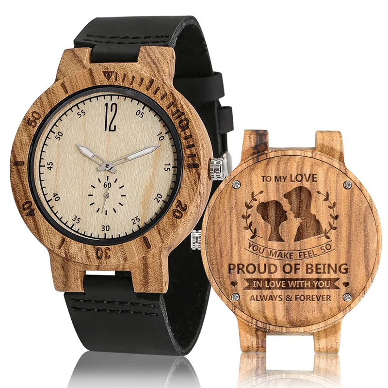

To My Love Customized Nature Wood Watch Casual Bamboo Quartz Analog Wristwatch for Men Leather Strap Luminous Hands Reloj Gift