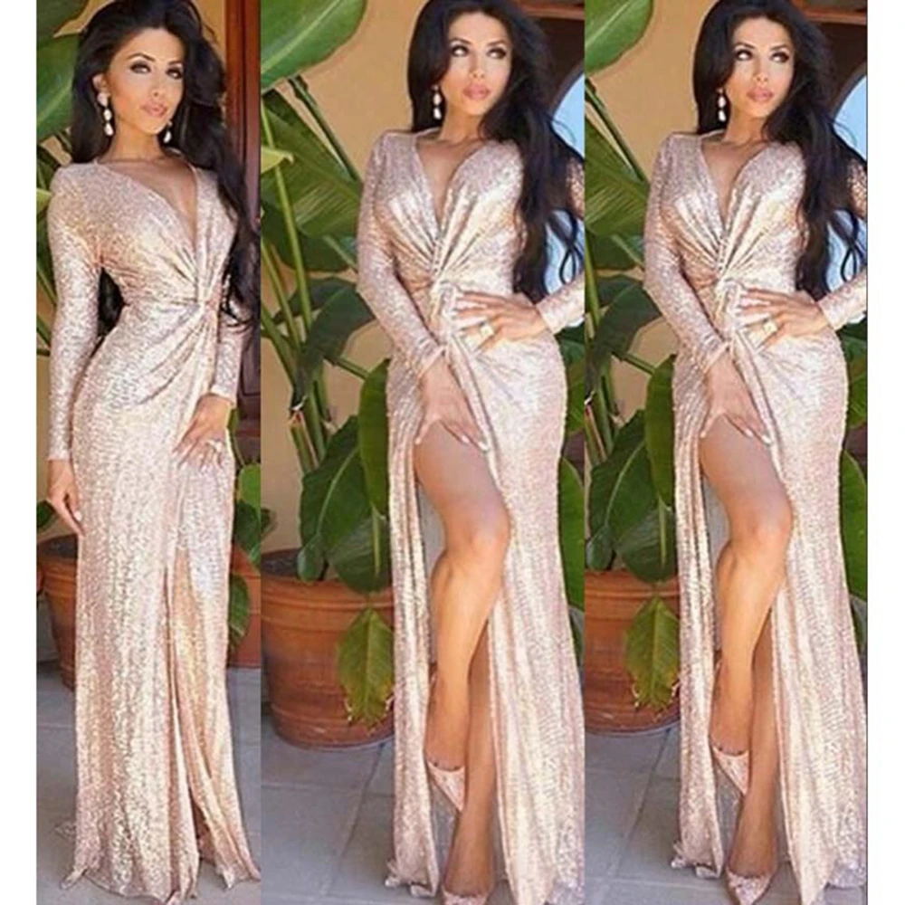 Sexy Split Long Sleeve Mermaid Evening Party Dresses 2019 Champagne V Neck Shiny Sequined Formal Prom Long Gowns robe de soiree
Sexy Split Long Sleeve Mermaid Evening Party Dresses 2019 Champagne V Neck Shiny Sequined Formal Prom Long Gowns robe de soiree