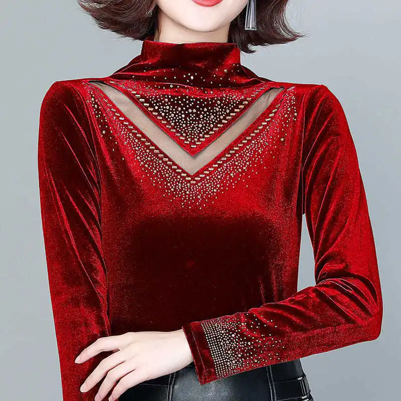 New Women Autumn Gold Velvet Long Sleeve Mesh Patchwork Blouse Female Korean Warm Velvet Turtleneck Shirts Plus Big Size 6XL
New Women Autumn Gold Velvet Long Sleeve Mesh Patchwork Blouse Female Korean Warm Velvet Turtleneck Shirts Plus Big Size 6XL
